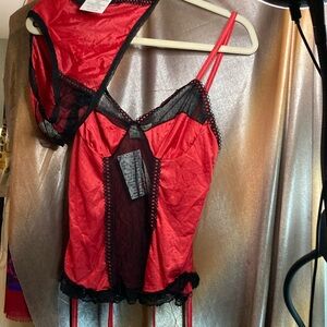 Sheer red & black vintage teddy‎ set with undies garter straps. Large 60’s 410